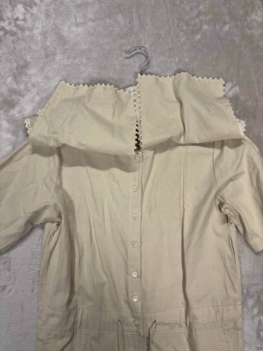 Cherrykoko Beige Lace Collar Jumpsuit Wide Leg Tie Waist Romper - Picture 12 of 14